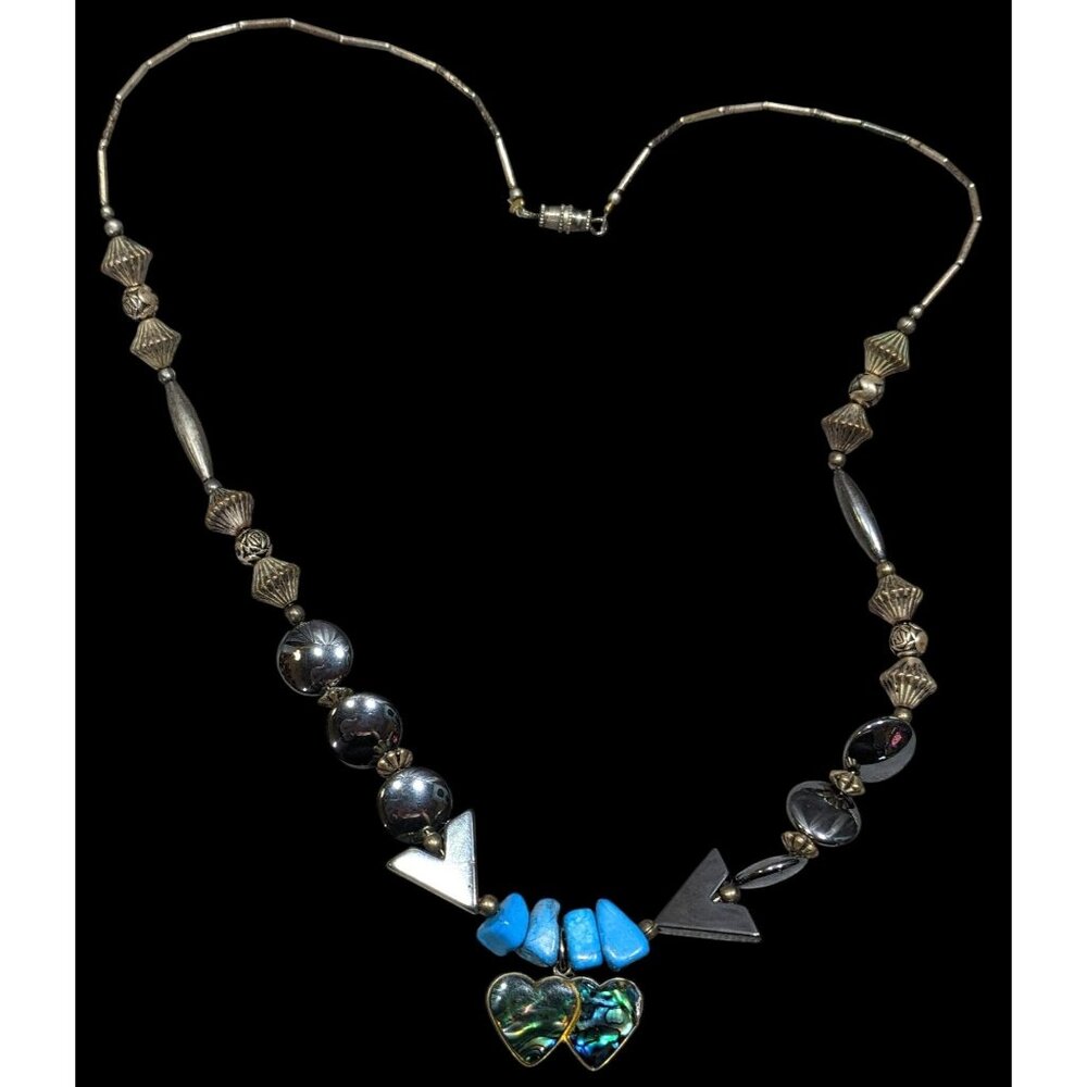 Vintage Handmade Romantic Heart Hematite Turquoise Liquid Silver And Mother Of P